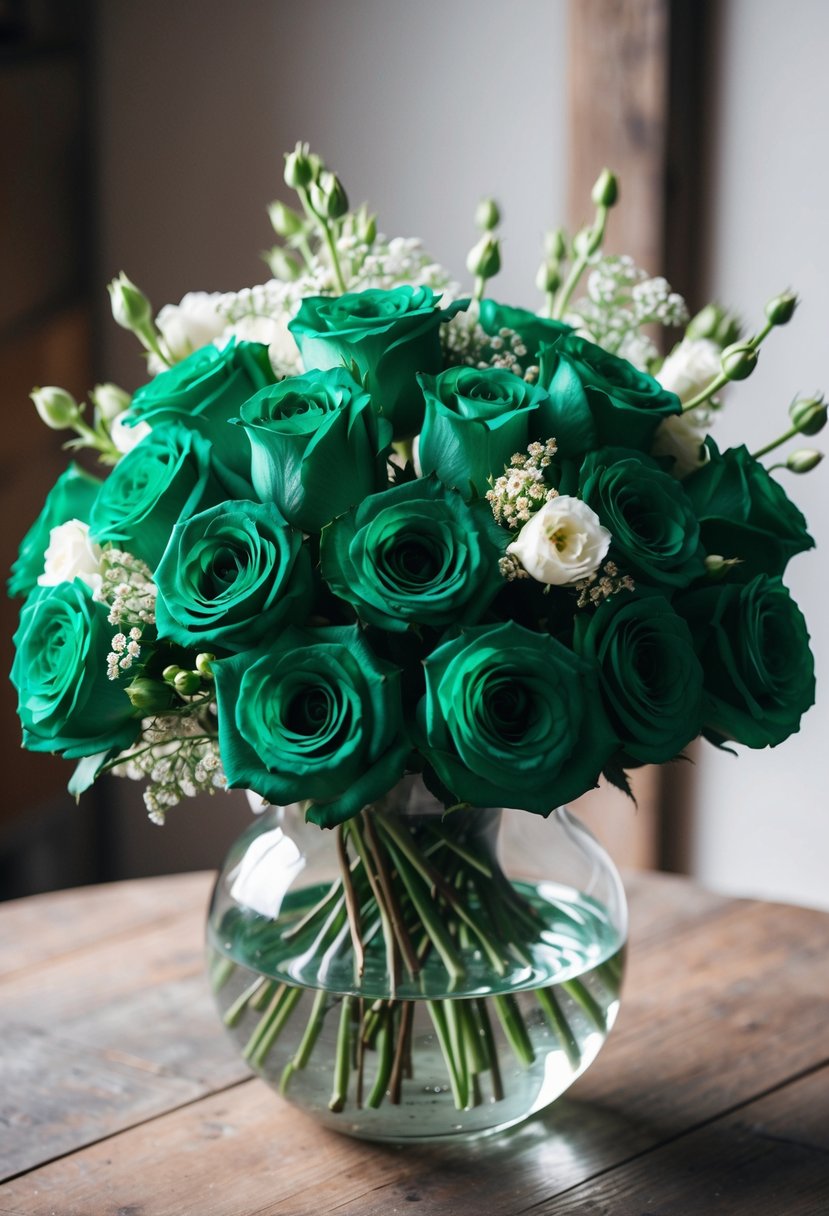 A lush bouquet of emerald green roses, accented with delicate white blooms, held in a clear glass vase on a rustic wooden table