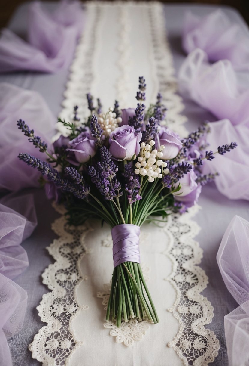 A vintage lavender and pearl-accented wedding bouquet sits atop a lace table runner, surrounded by delicate lavender sprigs and soft, billowing tulle fabric