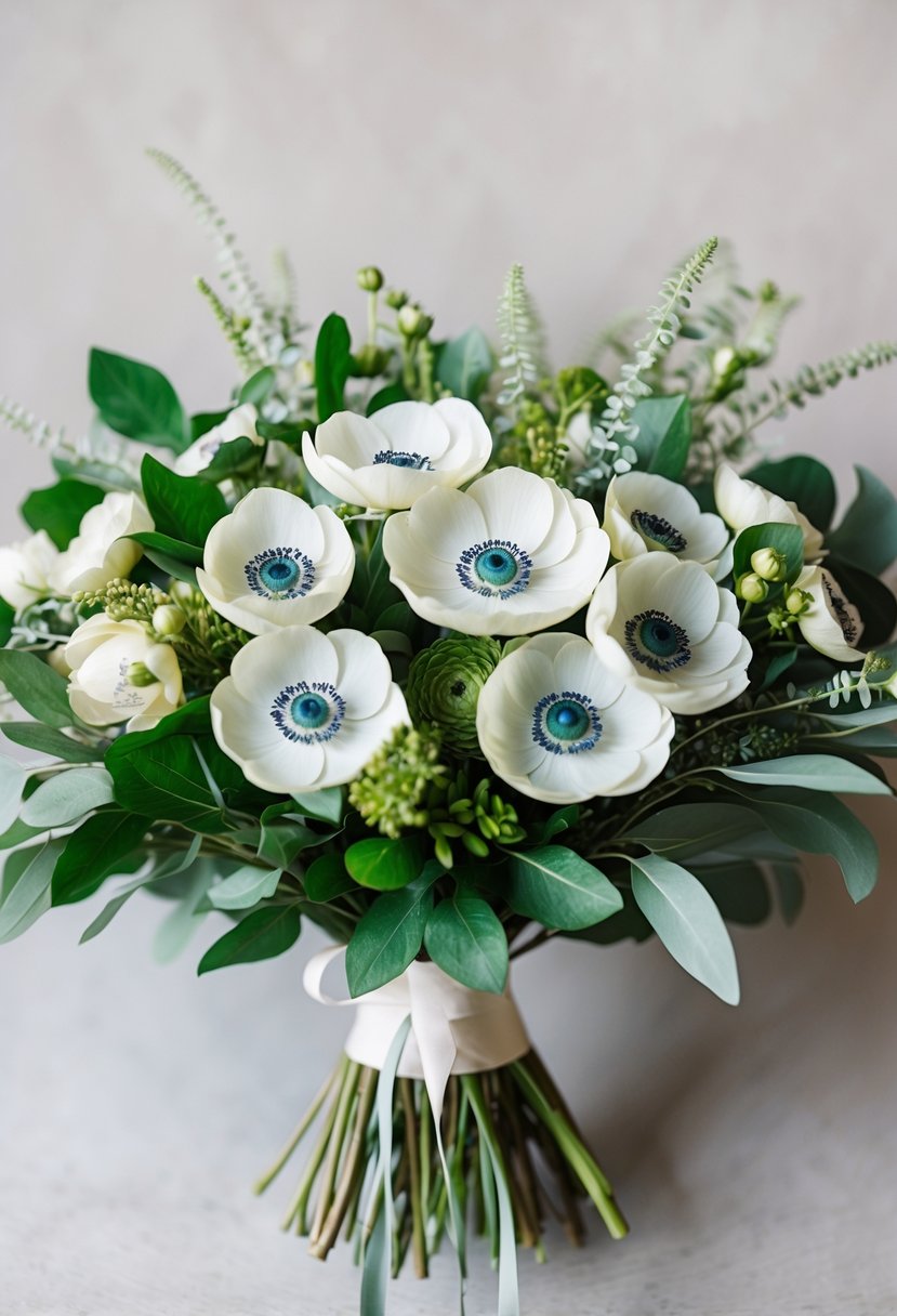 A lush bouquet of ivory and emerald green anemones, accented with delicate foliage and tied with a flowing ribbon