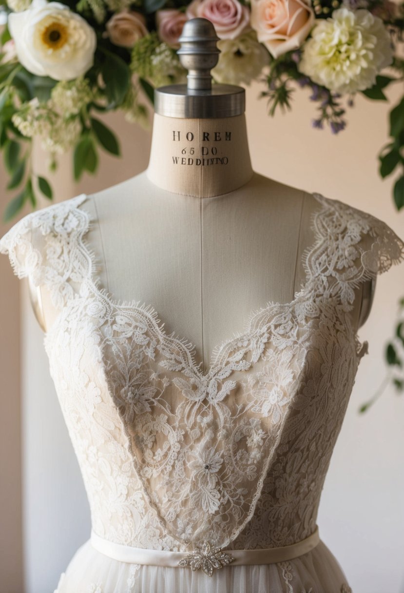 A lace overlay 40s style wedding dress hangs on a vintage dress form, surrounded by delicate accessories and floral accents