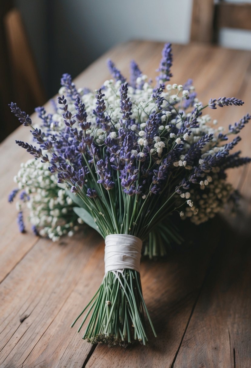 A delicate lavender and baby's breath bouquet rests on a rustic wooden table