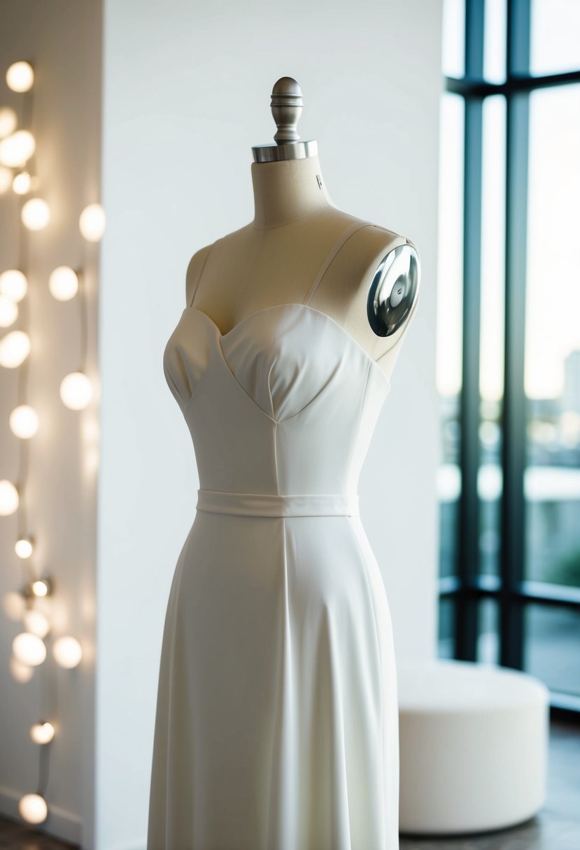 A sleek, minimalist 1940s-style wedding dress on a mannequin, set against a backdrop of modern, elegant decor