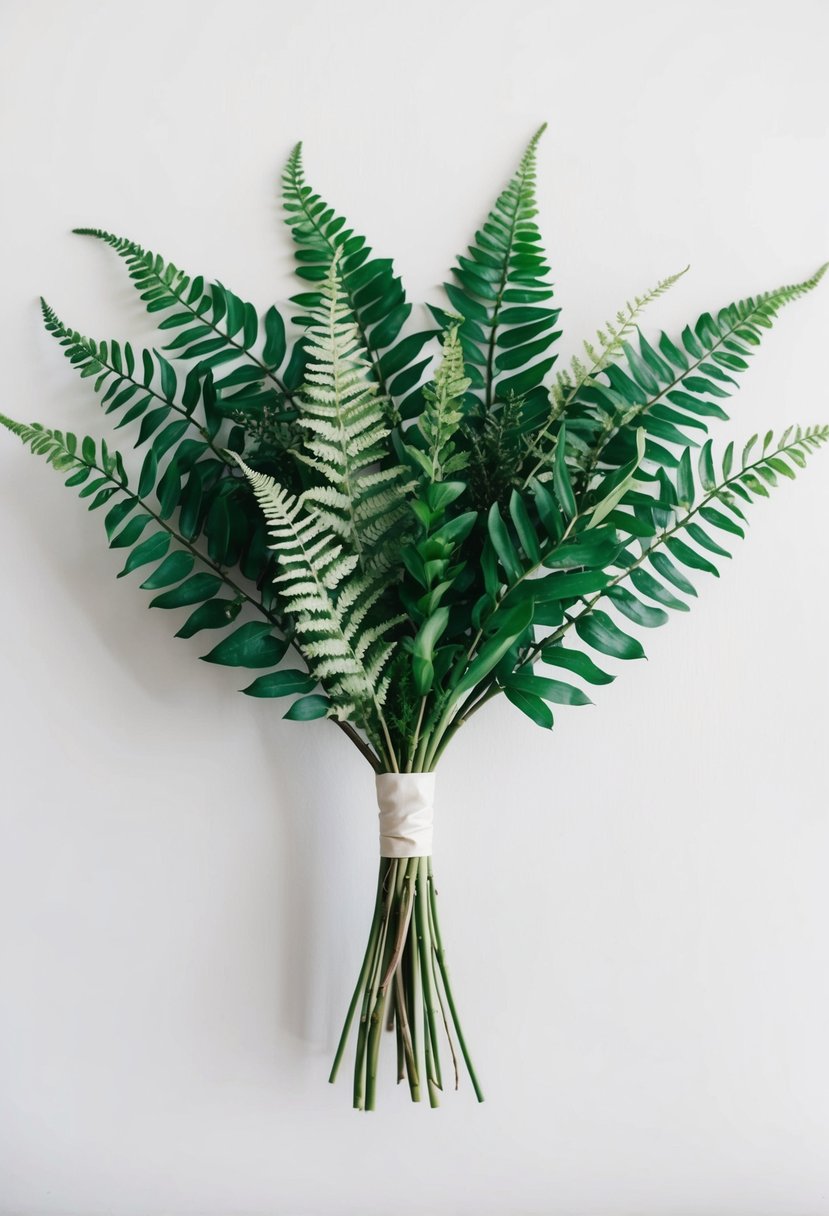 Emerald green ferns arranged in a minimalist wedding bouquet, with delicate fronds and lush foliage, set against a clean, white background