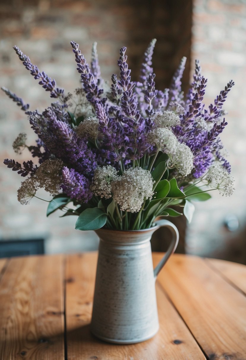 A lavender wedding bouquet with silver dusty miller, arranged in a rustic vase on a wooden table