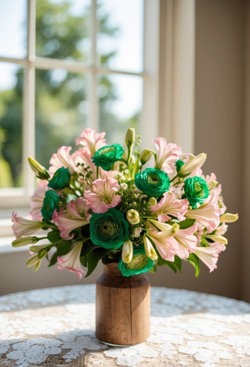 An emerald green and pink lisianthus wedding bouquet, arranged in a rustic wooden vase on a lace-covered table. Sunshine streams through a nearby window, casting a warm glow on the delicate flowers