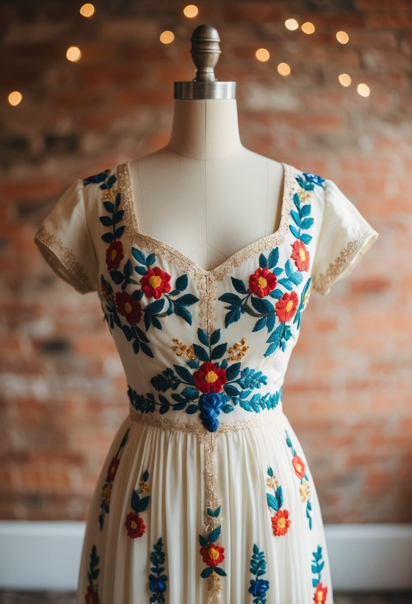 A vintage 1940s style wedding dress adorned with bohemian floral patterns