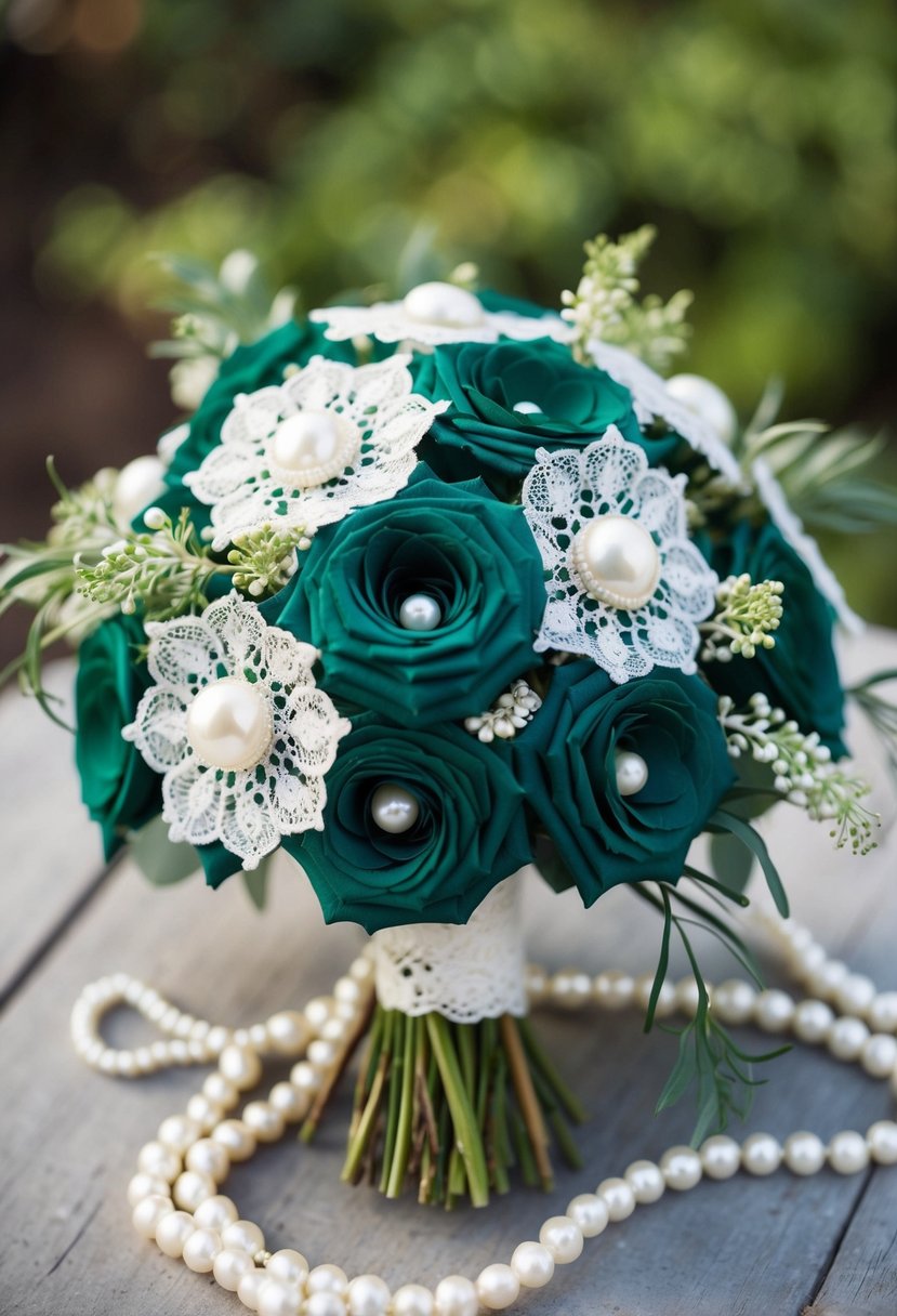 An emerald green wedding bouquet with lace, surrounded by vintage pearls and delicate greenery