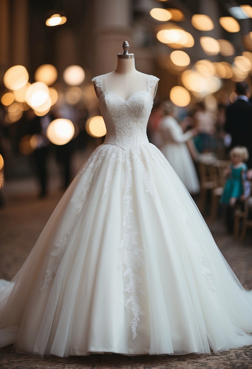 A classic ballgown with a sweetheart neckline, reminiscent of 40s style wedding dresses, adorned with delicate lace and flowing tulle