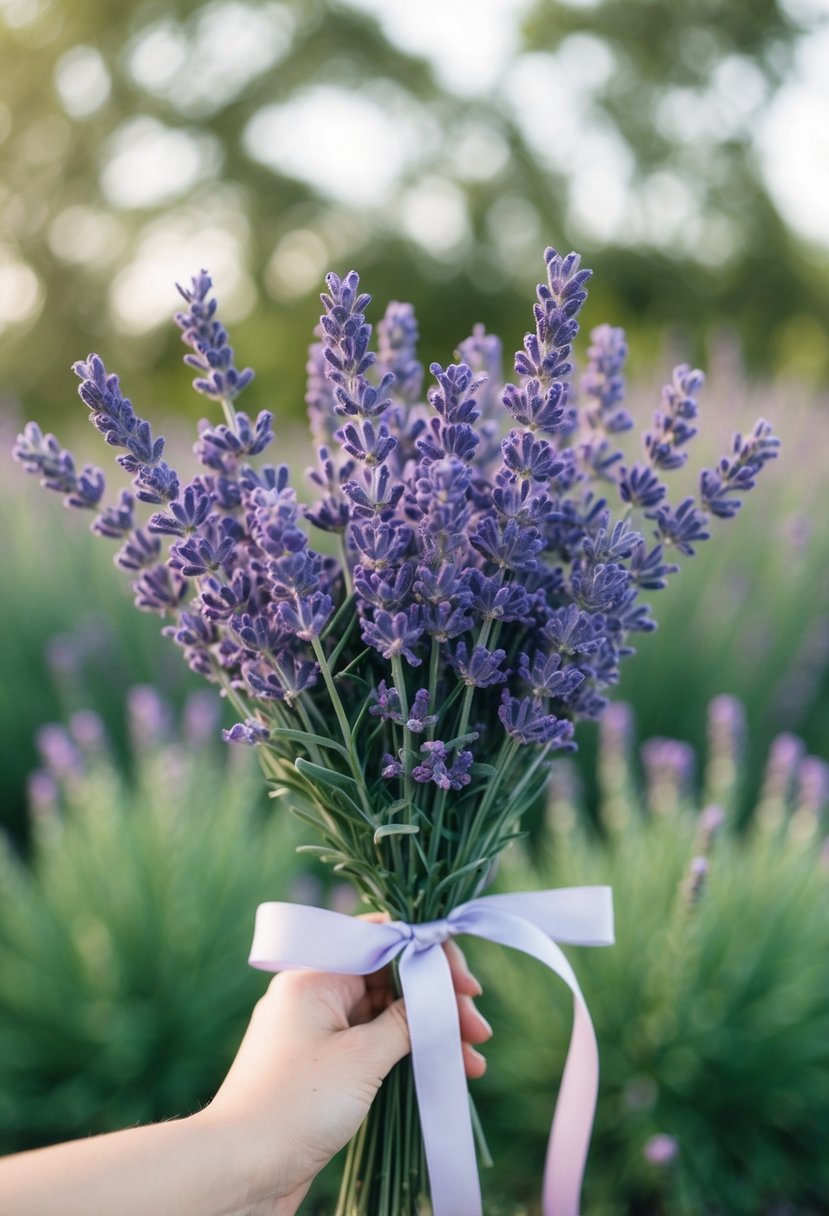 A simple lavender posy bouquet with a few stems of lavender tied with a ribbon