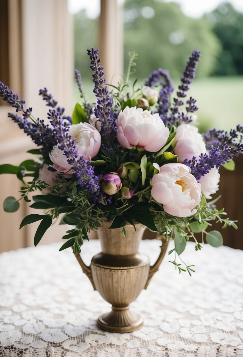 A lush bouquet of lavender and peonies, intertwined with delicate greenery, sits in a vintage vase on a lace-covered table