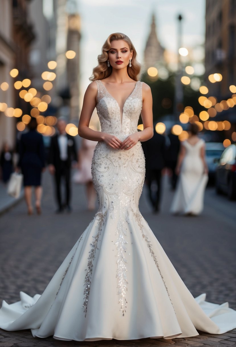 A mermaid-style wedding dress adorned with sequins, inspired by the glamorous fashion of the 1940s