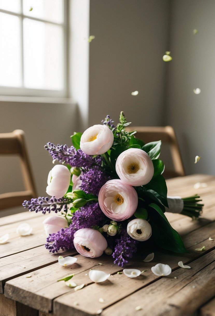 A delicate lavender and ranunculus bouquet sits on a rustic wooden table, surrounded by soft natural light and scattered flower petals