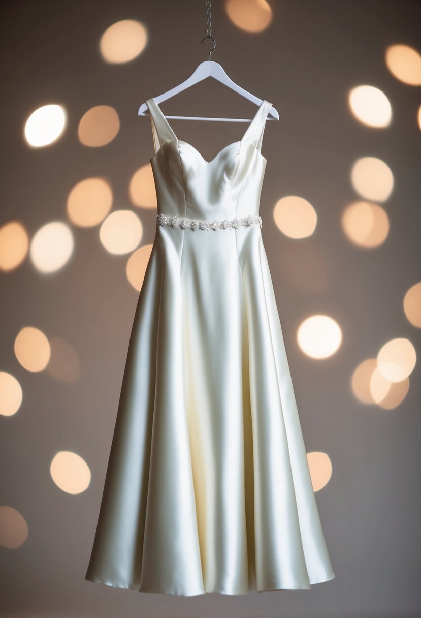 A sleek, satin 40s-style wedding dress on a simple hanger