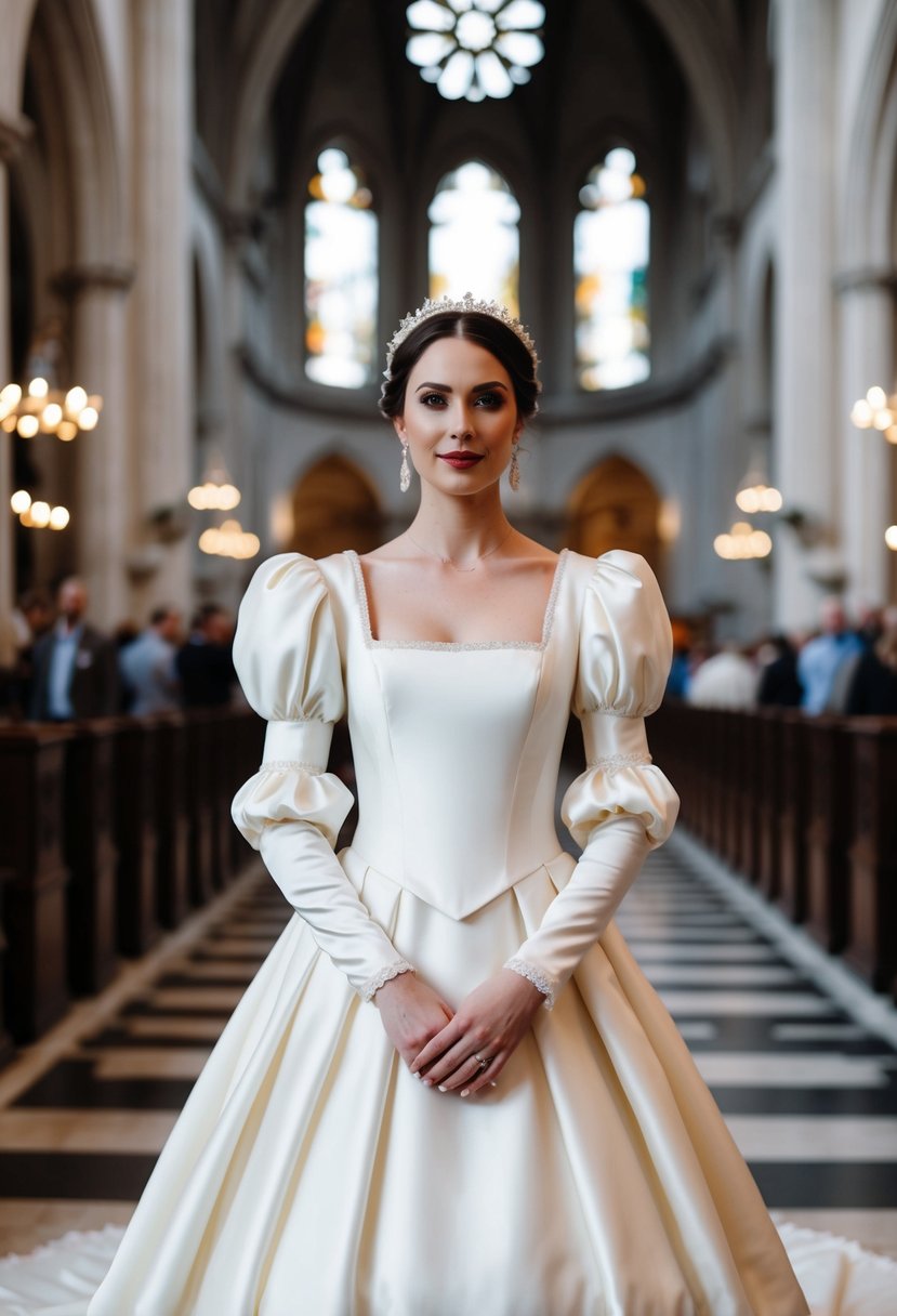 A bride in a Renaissance-inspired wedding dress with puffed sleeves, reminiscent of 40s style, stands in a grand cathedral