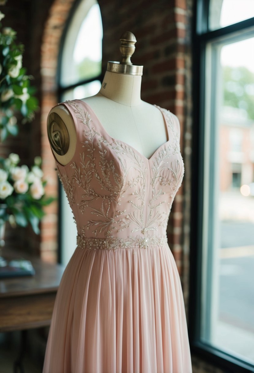 A blush pink 40s style wedding dress with subtle embroidery on a mannequin