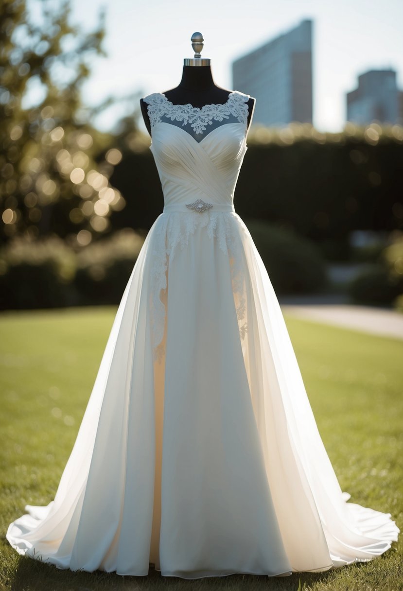 A drop-waist 40s style wedding dress with a sleek silhouette, adorned with delicate lace and a flowing skirt