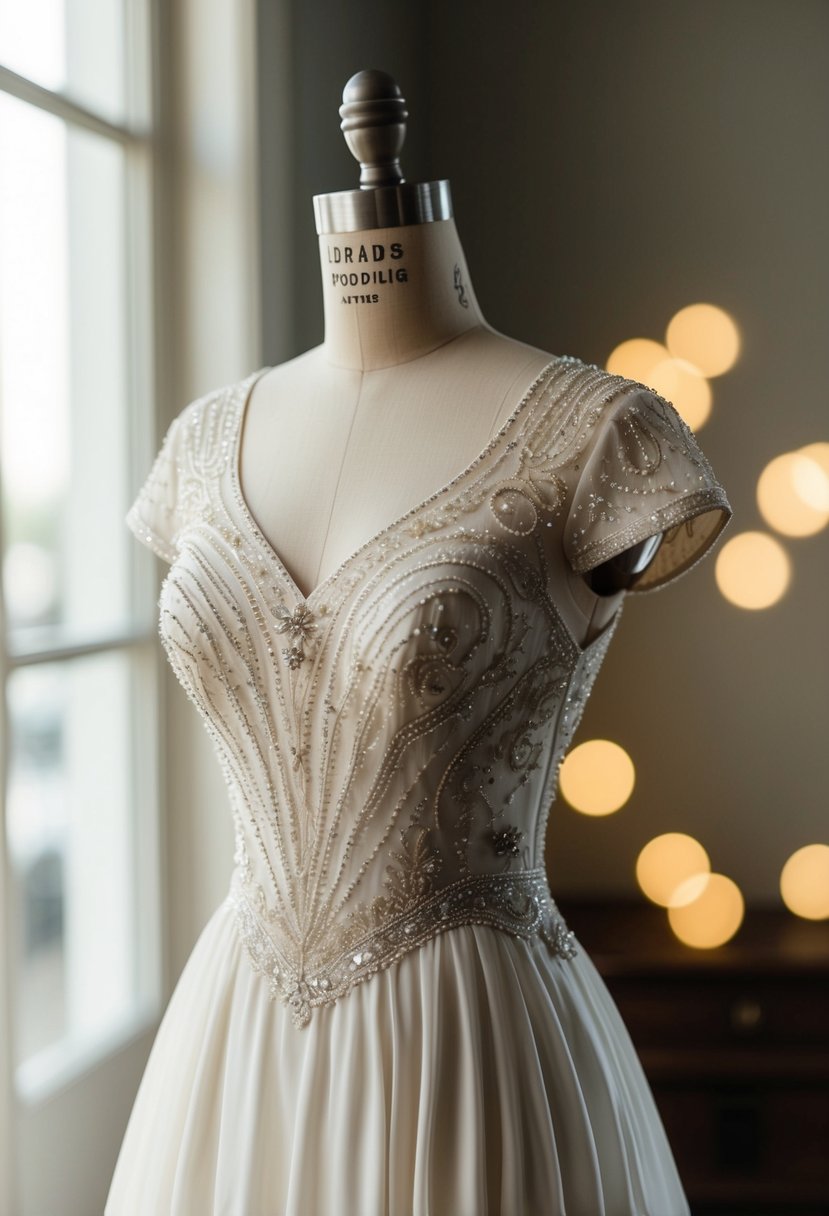 A vintage-inspired A-line wedding dress with intricate beading and a 1940s silhouette