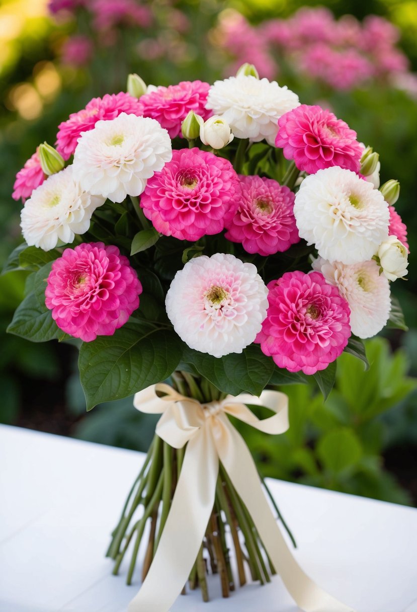 A lush bouquet of pink and white hortensia flowers tied with a satin ribbon