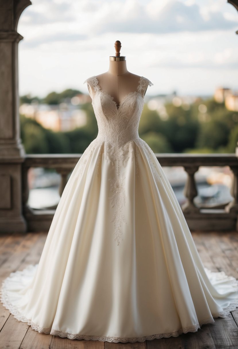 A vintage-inspired wedding dress with a full skirt and fitted bodice, adorned with lace and delicate embroidery