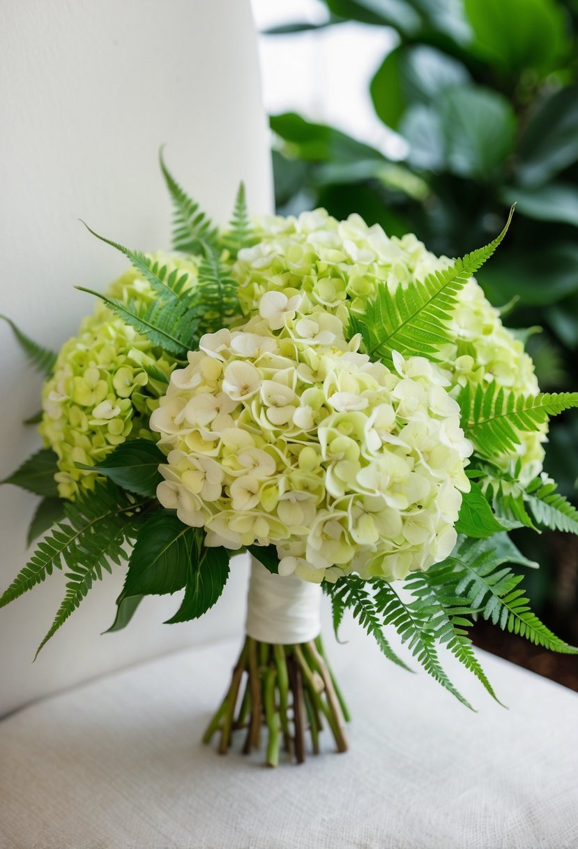 A lush wedding bouquet of soft green hydrangea and delicate ferns