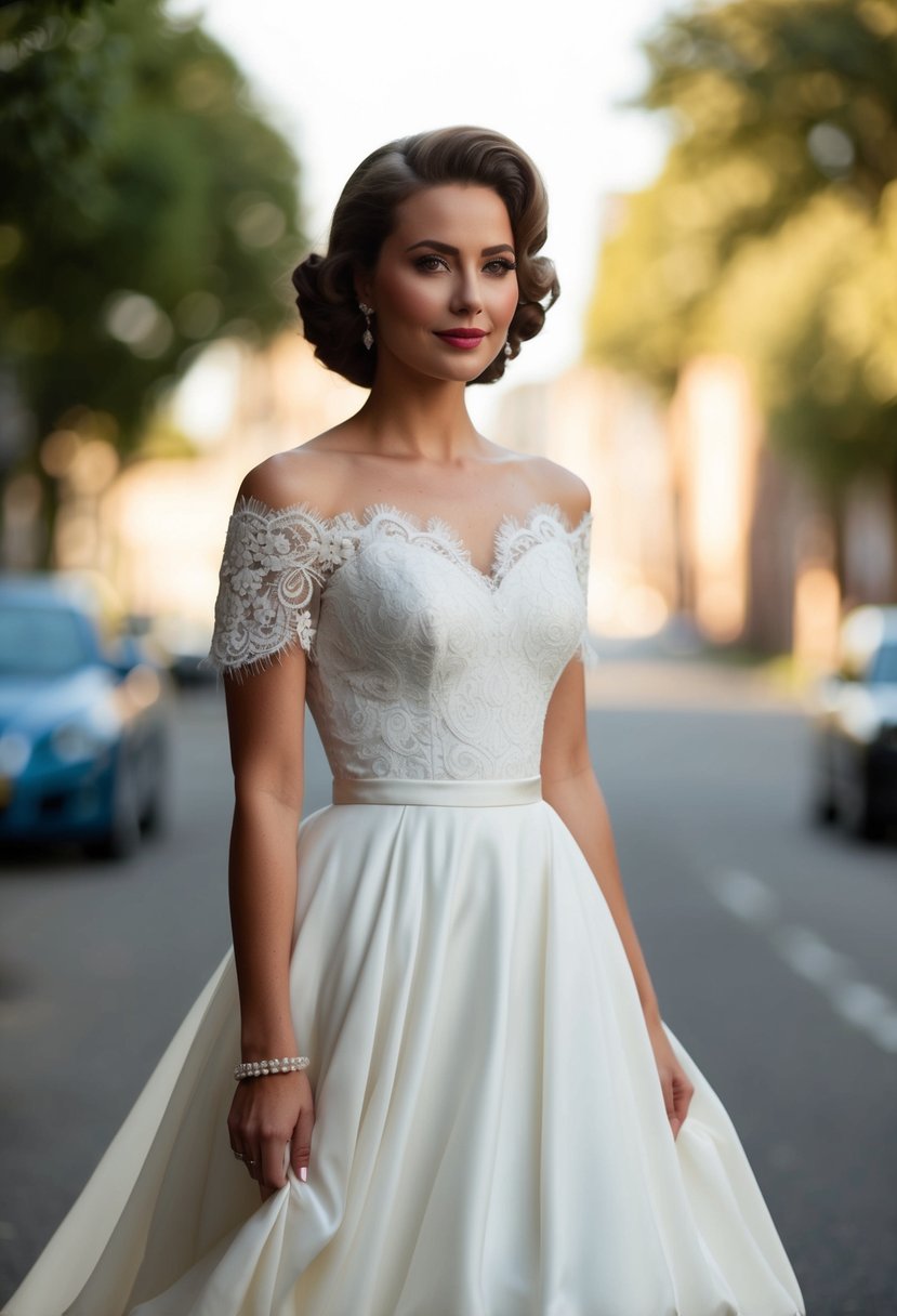 A 40s style wedding dress with off-the-shoulder design, lace details, and a flowing skirt