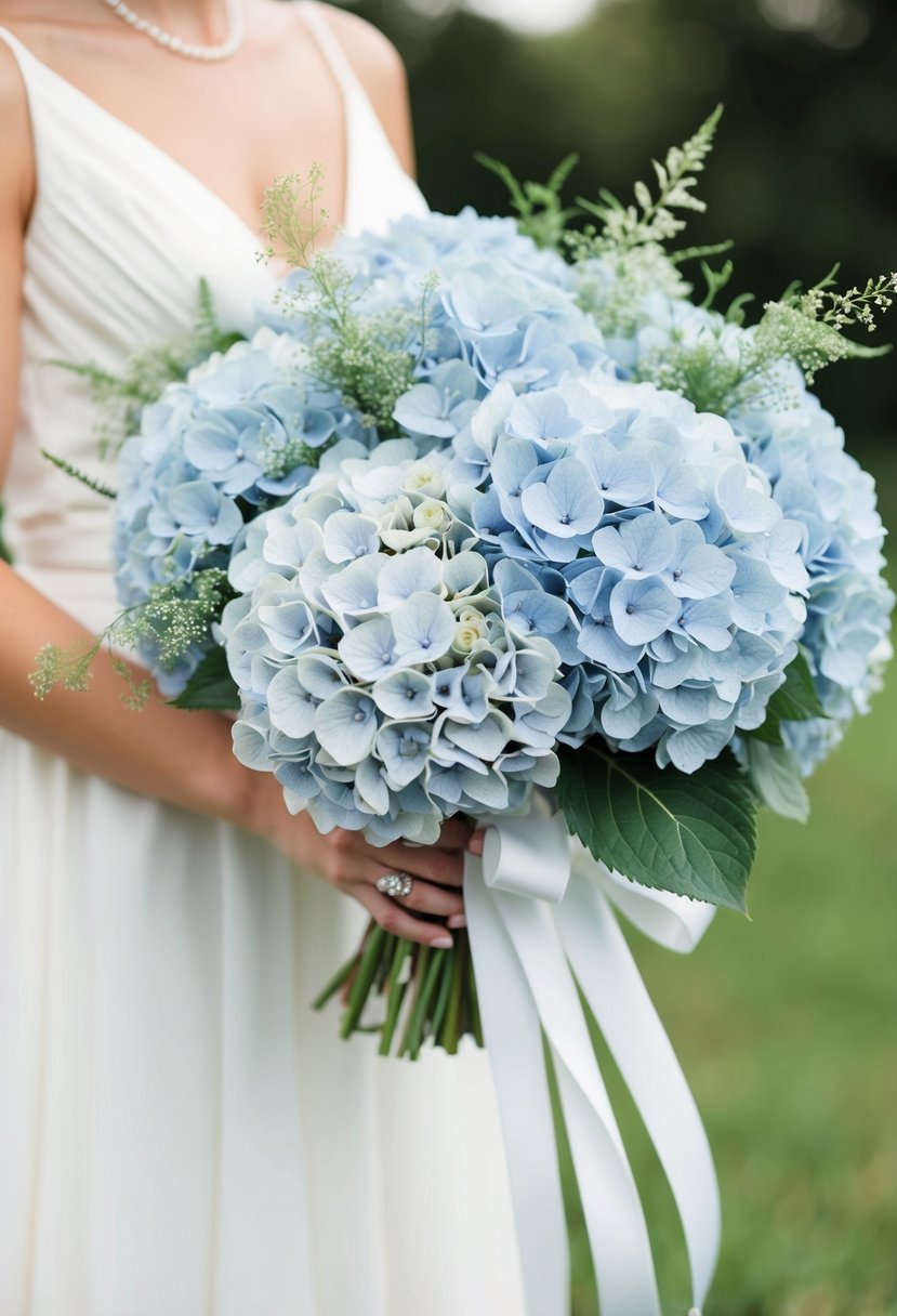 A delicate, voluminous wedding bouquet of Barely Blue Hydrangeas, accented with delicate greenery and tied with a flowing white ribbon