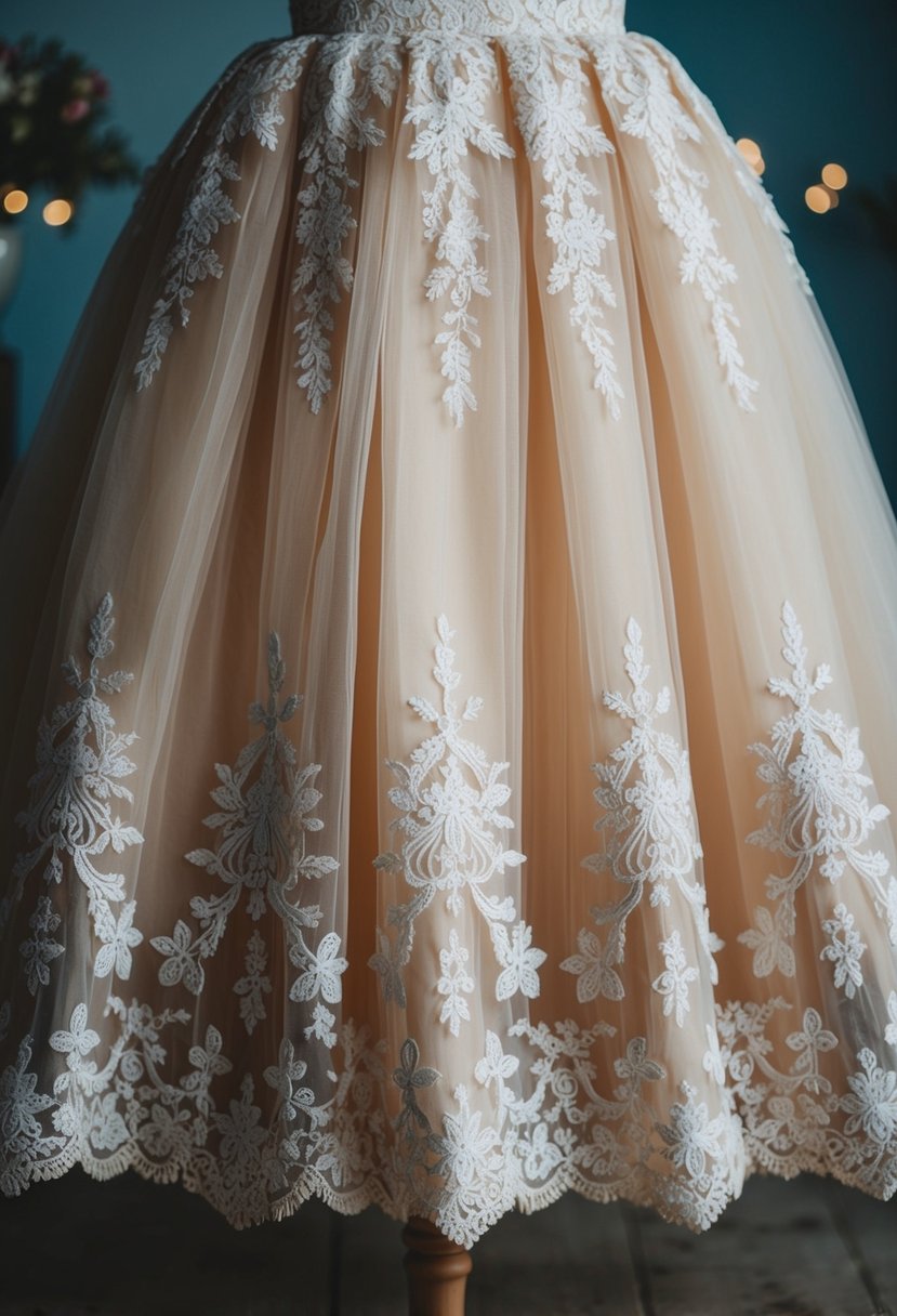 A vintage-inspired tulle skirt with intricate lace appliques cascading down the length of the dress