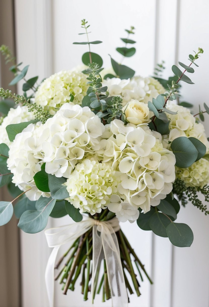 A lush bouquet of white hydrangeas and eucalyptus, tied with a delicate ribbon