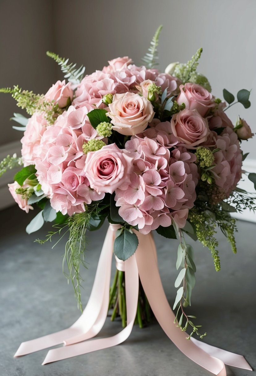 A lush bouquet of blush pink hydrangeas and roses, arranged in a cascading style with delicate greenery and trailing ribbons