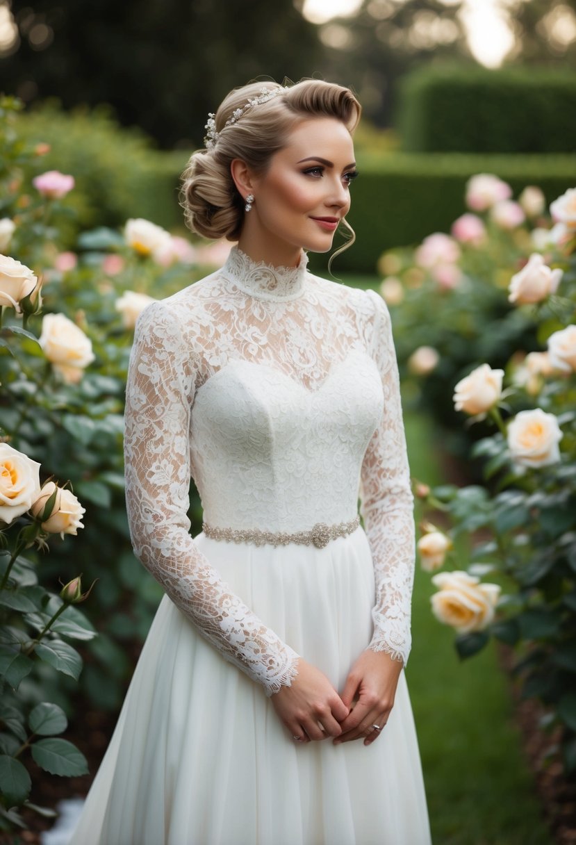 A bride in a high-neck lace wedding dress, with a vintage 40s style, standing in a garden surrounded by roses