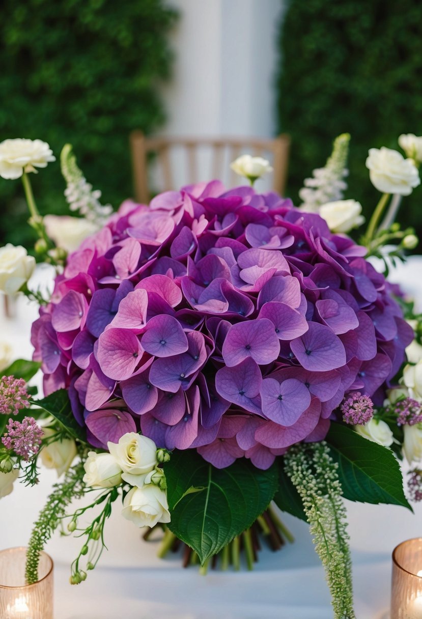 A lush bouquet of rich purple hydrangeas surrounded by delicate hortensias, creating a stunning wedding centerpiece