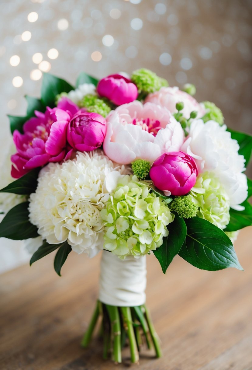 A colorful wedding bouquet featuring peonies and hydrangeas in a mix of pink, white, and green hues