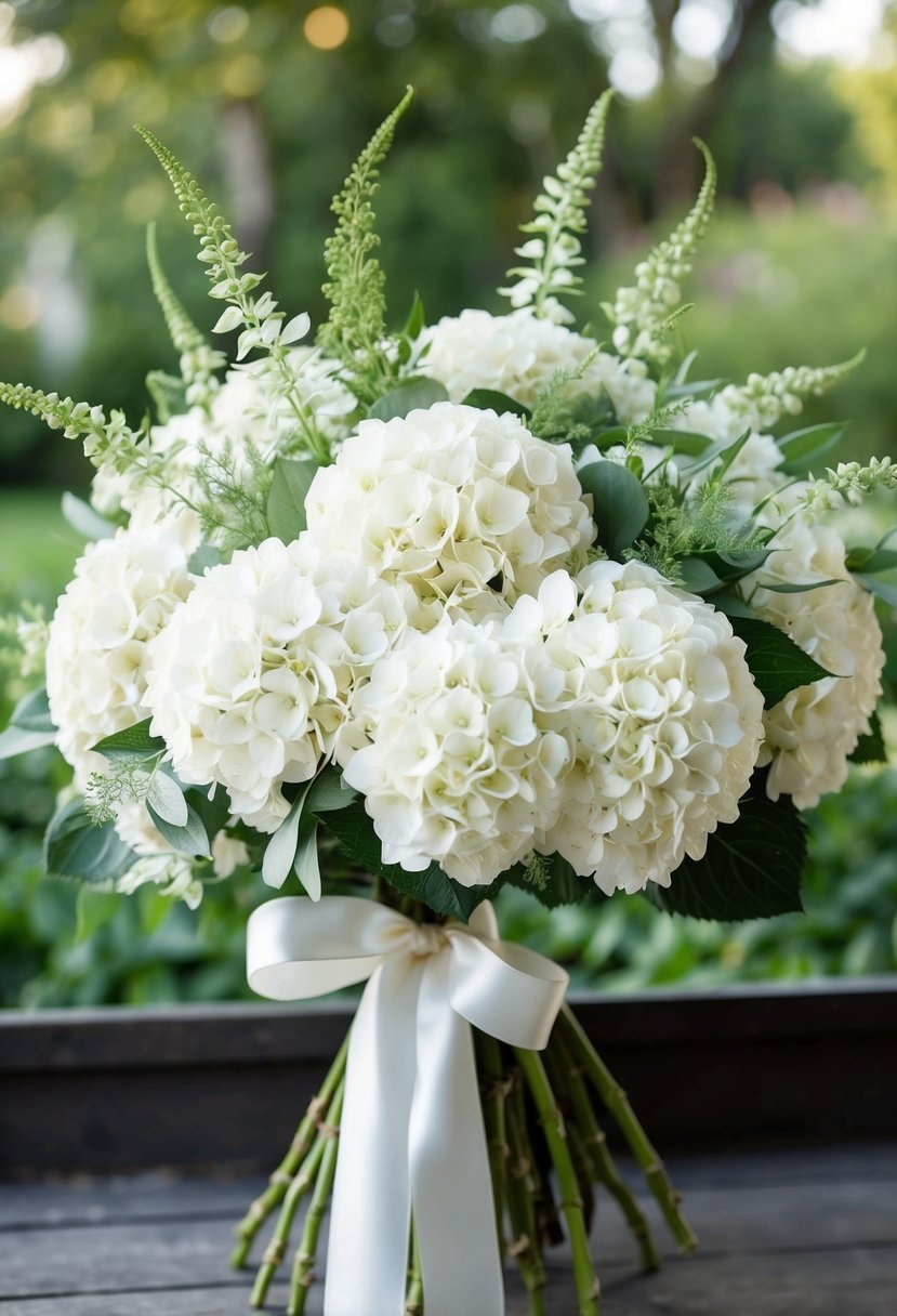 A lush bouquet of white hydrangeas arranged in an elegant, cascading style, accented with delicate greenery and tied with a satin ribbon