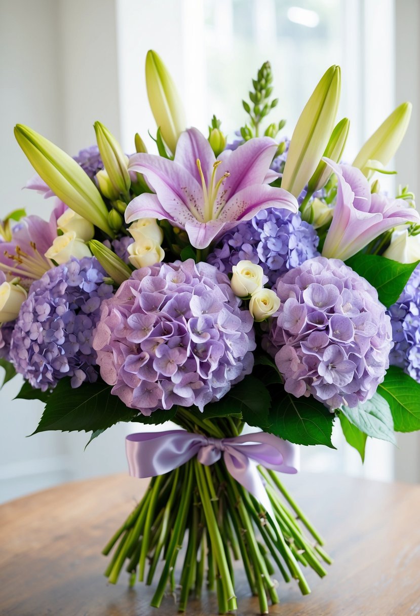 A lush bouquet of lavender hydrangeas, lilies, and hortensias, tied with a satin ribbon