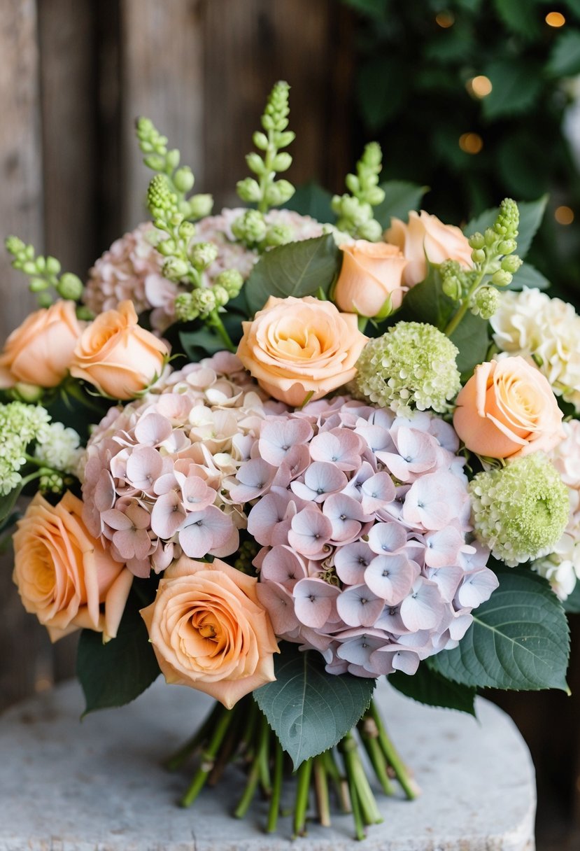 A lush bouquet of hydrangeas and peach roses arranged in a rustic, elegant style