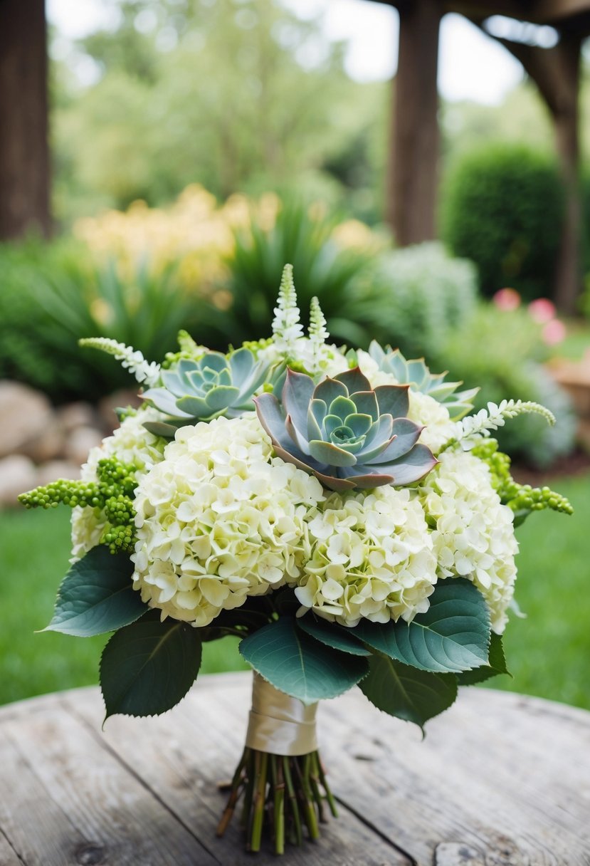 A lush wedding bouquet featuring hydrangeas and succulents in a rustic, garden-inspired setting