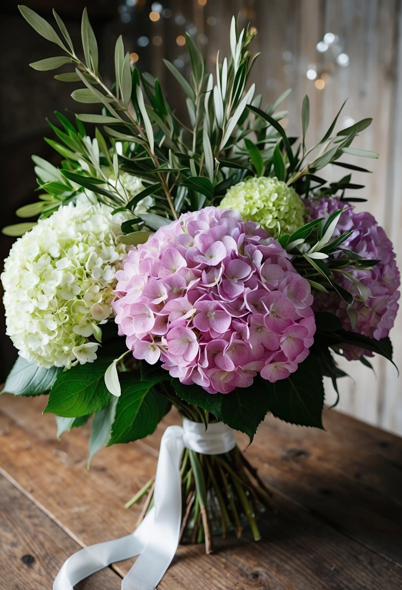 A lush bouquet of hydrangeas and olive branches, tied with a ribbon, rests on a rustic wooden table