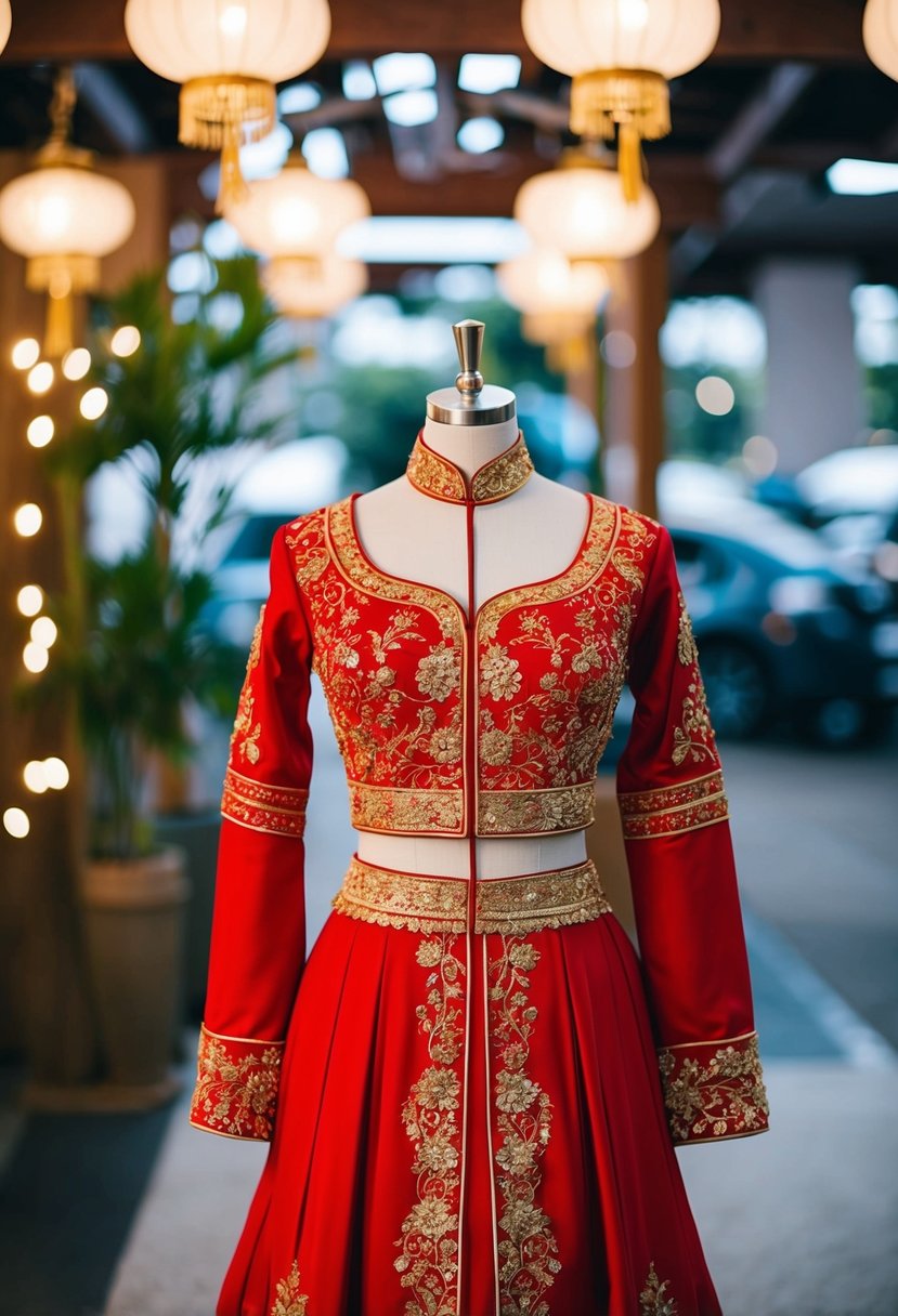 A traditional red and gold Asian wedding dress displayed on a mannequin, adorned with intricate embroidery and delicate beading