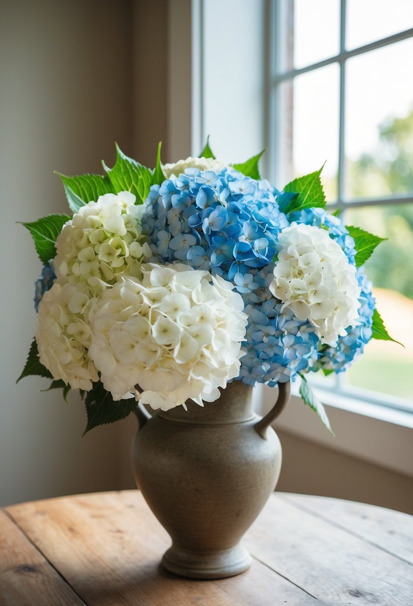 A vintage blue and white hydrangea wedding bouquet arranged in a rustic vase on a wooden table, with soft natural light streaming in from a nearby window