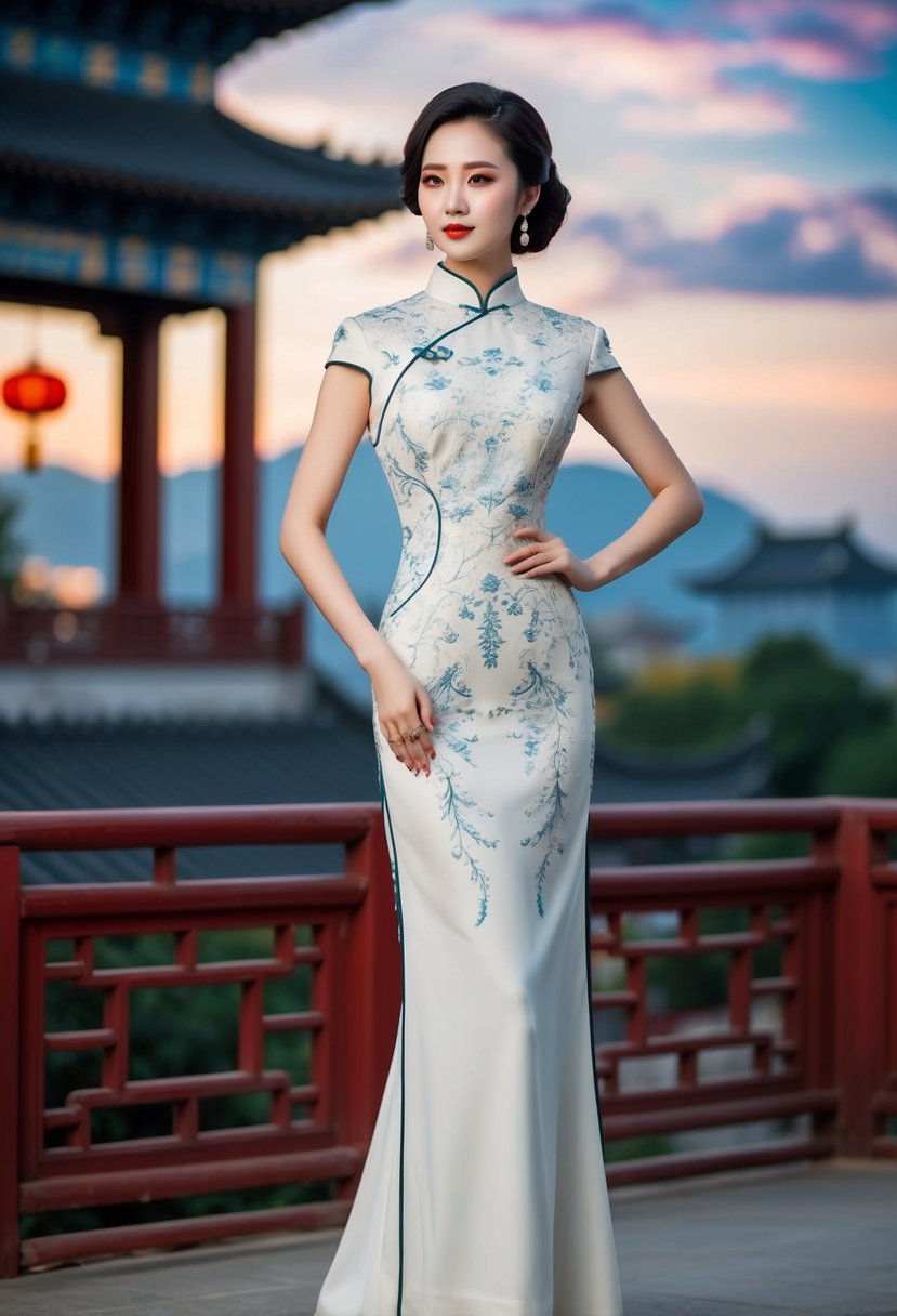 An elegant qipao with a modern twist, featuring intricate embroidery and a sleek silhouette, set against a backdrop of traditional Chinese architecture