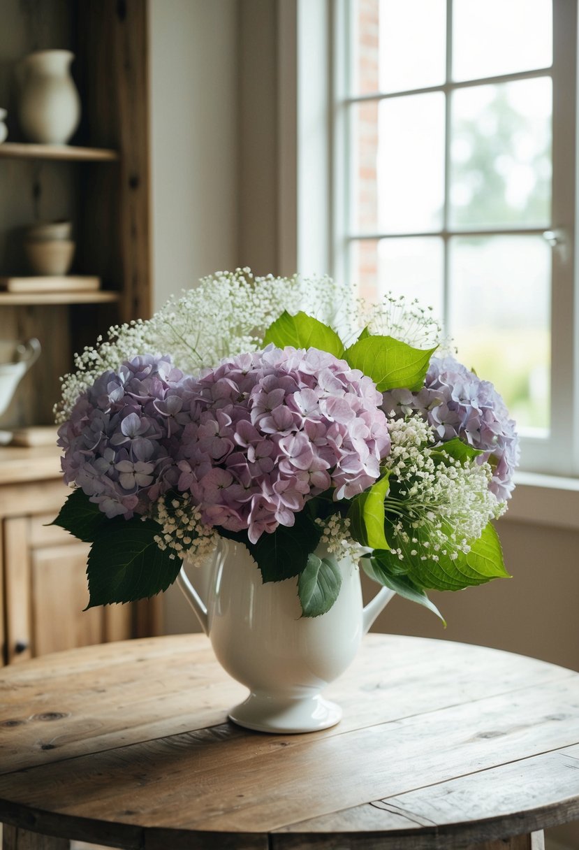 A lush bouquet of hydrangeas and delicate baby's breath, arranged in a white vase on a rustic wooden table