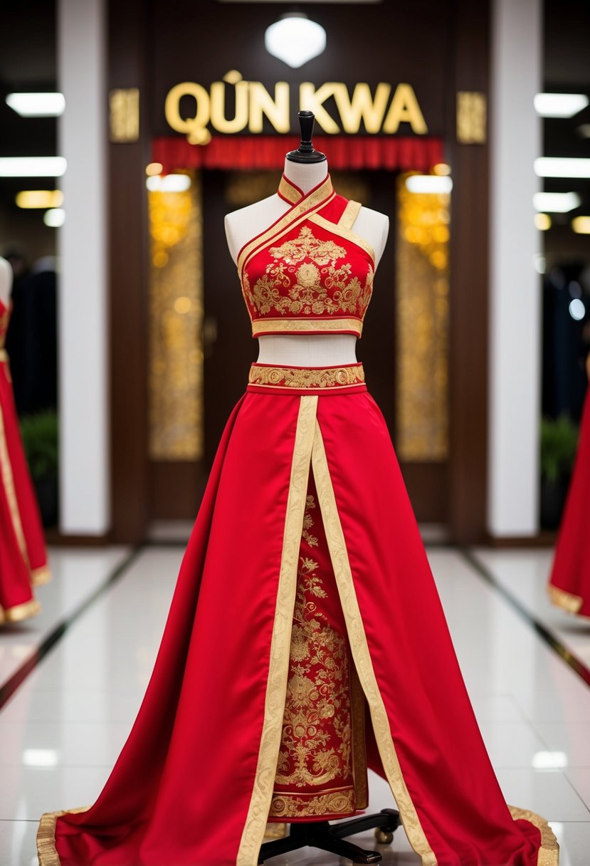 A red and gold traditional Qun Kwa draped over a mannequin for an Asian wedding dress idea