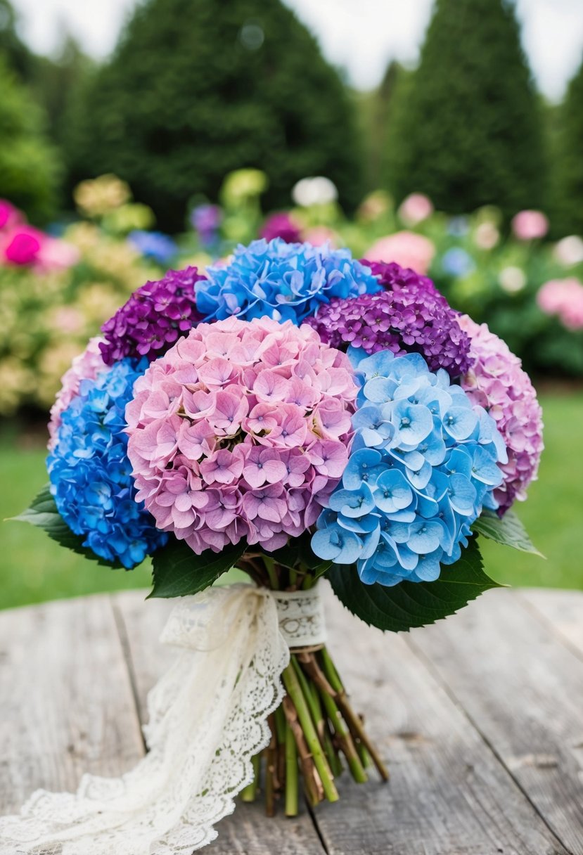 A lush bouquet of blue, purple, and pink hydrangeas arranged in a rustic, garden-inspired style, tied with a delicate lace ribbon