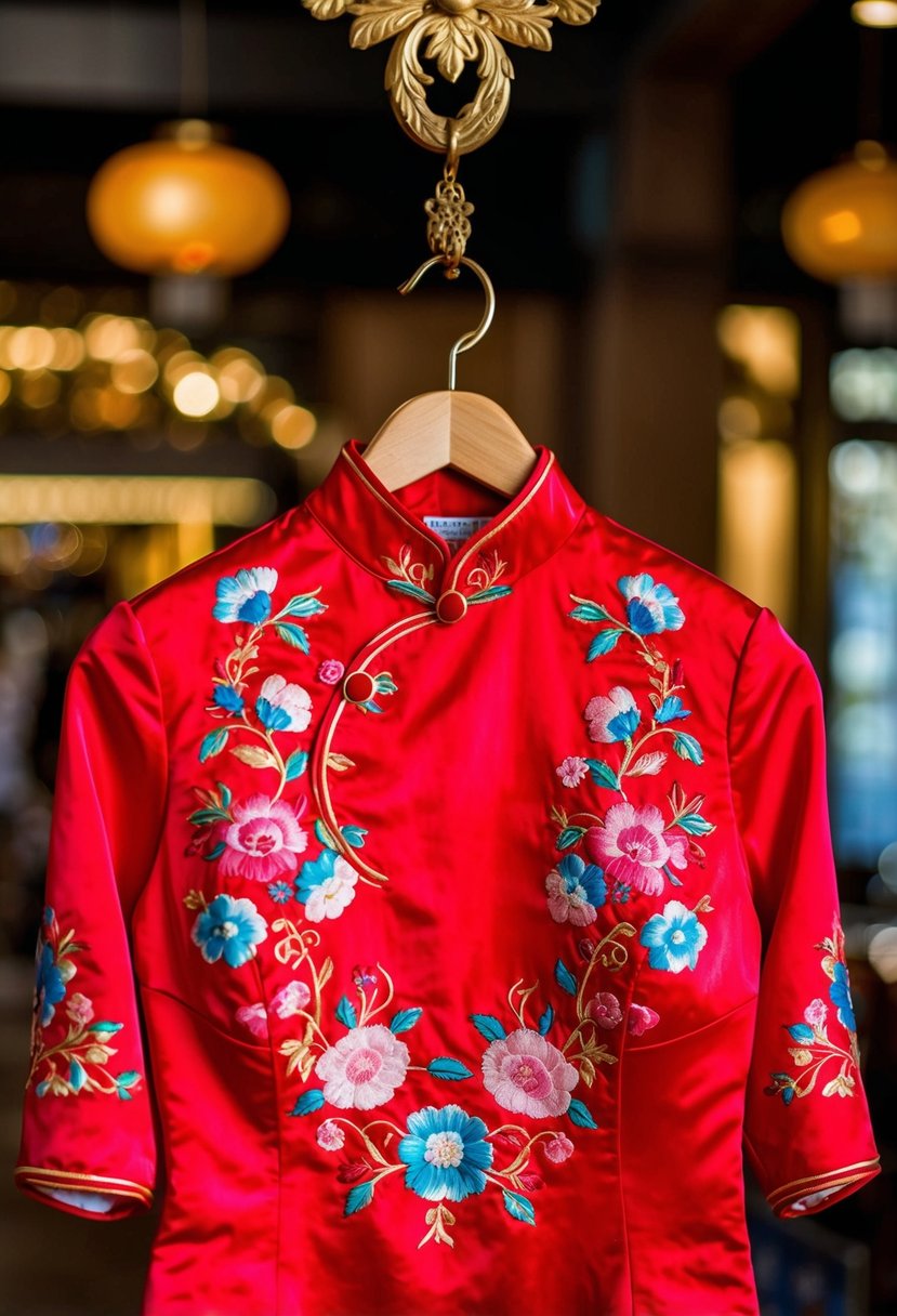 A vibrant red silk Cheongsam hangs on a golden hanger, adorned with intricate floral patterns and delicate embroidery