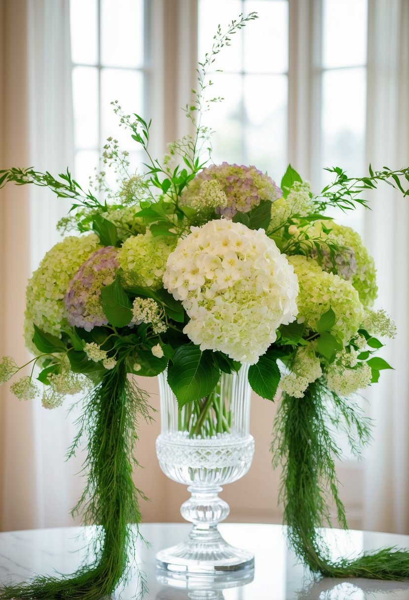 A lush wedding bouquet of hydrangeas and smilax hortensia cascades down from a crystal vase, with delicate blooms and trailing greenery