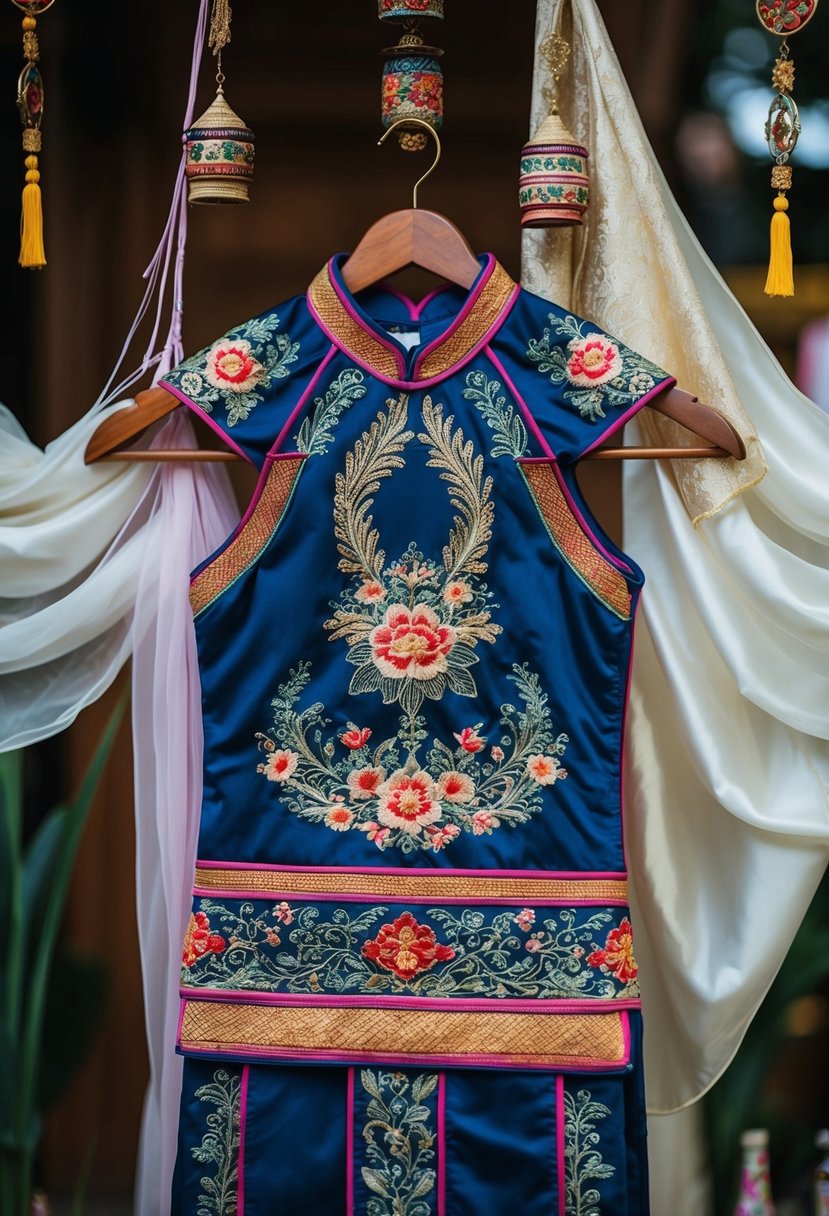 A Vietnamese Ao Dai with intricate embroidery hangs on a wooden hanger, surrounded by delicate silk fabric and traditional decorative elements