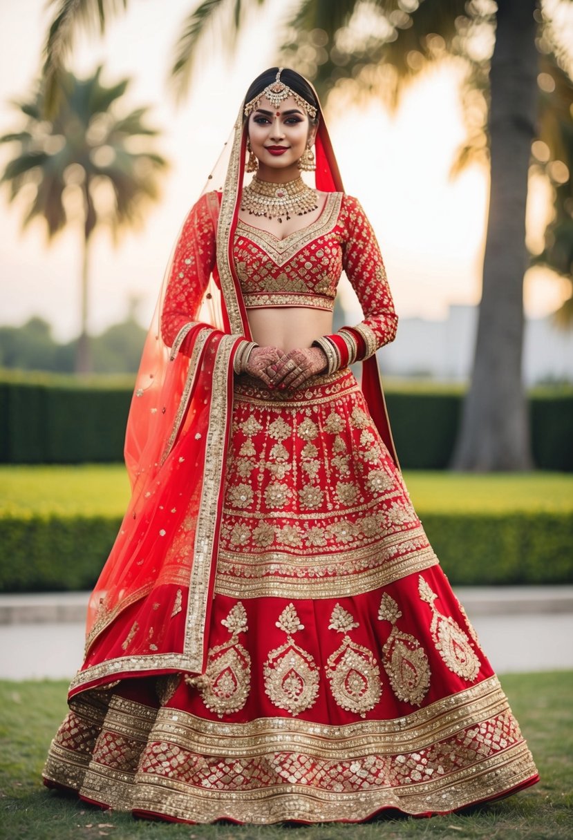 A vibrant red and gold Pakistani bridal lehenga adorned with intricate embroidery, shimmering sequins, and delicate beadwork