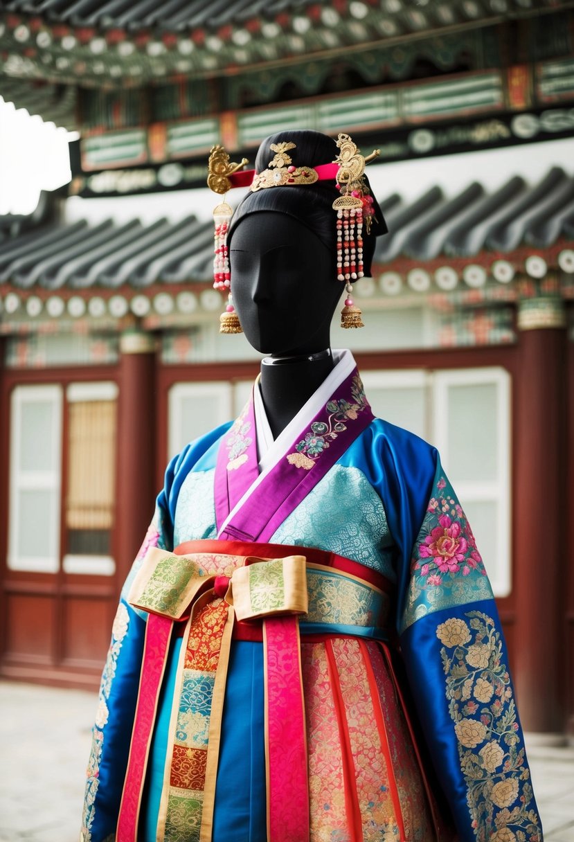 A vibrant, ornate Korean hanbok displayed on a mannequin. Rich fabrics and intricate embroidery adorn the traditional wedding attire