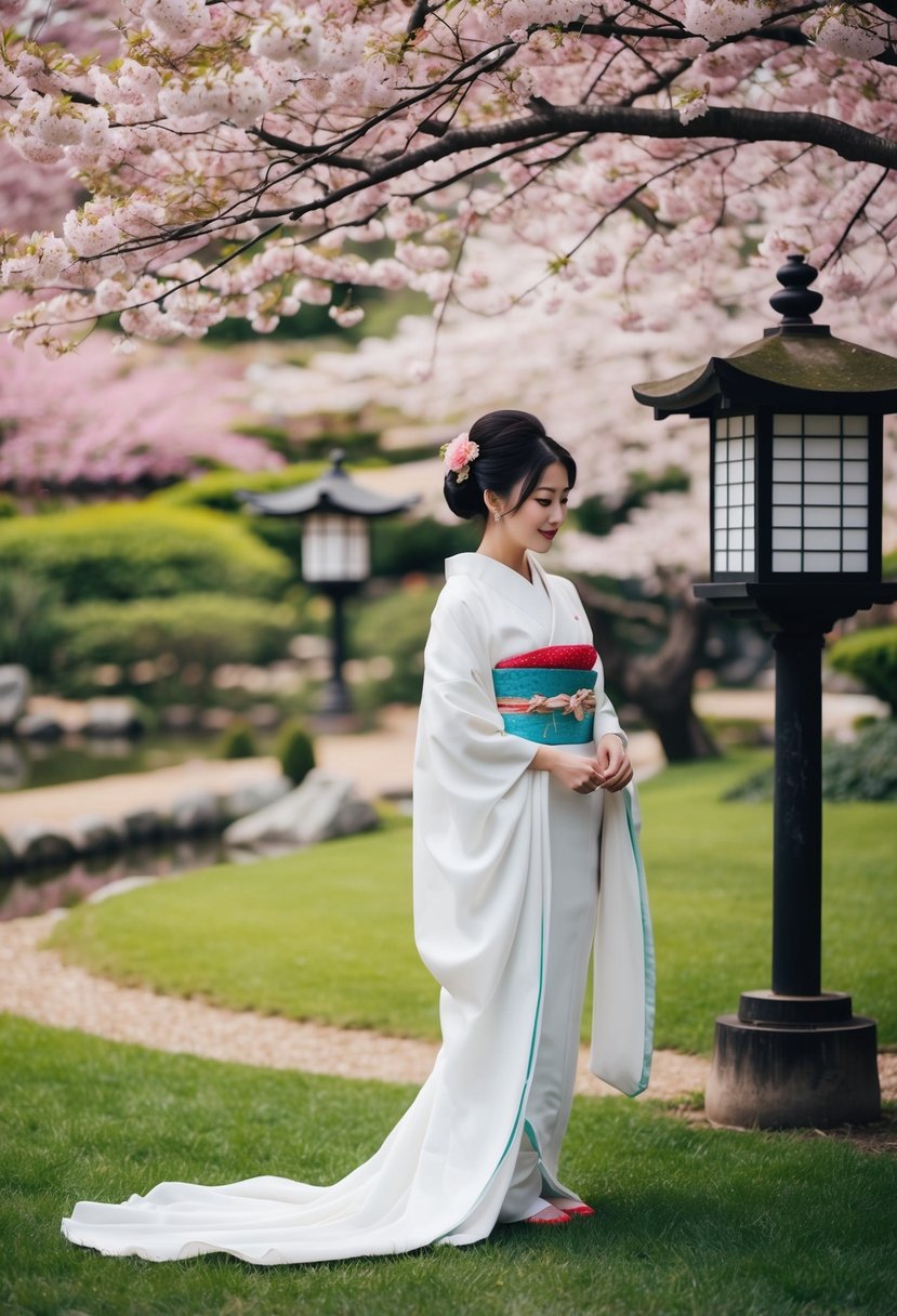 A serene garden with cherry blossoms, a flowing kimono dress, and traditional Japanese lanterns