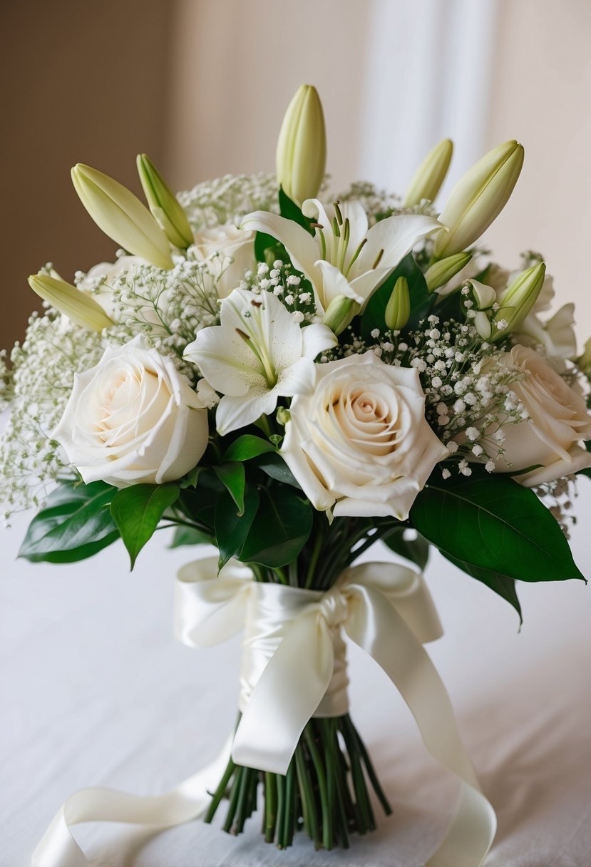 A white wedding bouquet with roses, lilies, and baby's breath, tied with satin ribbon